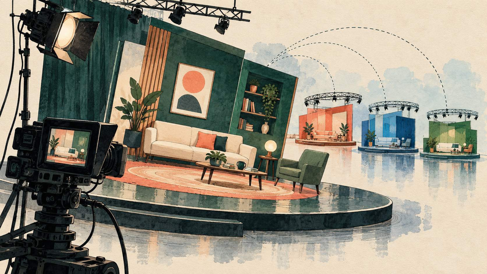 Illustration d’un décor penché et de caméras de studio évoquant l’adaptation internationale des divertissements télévisés.