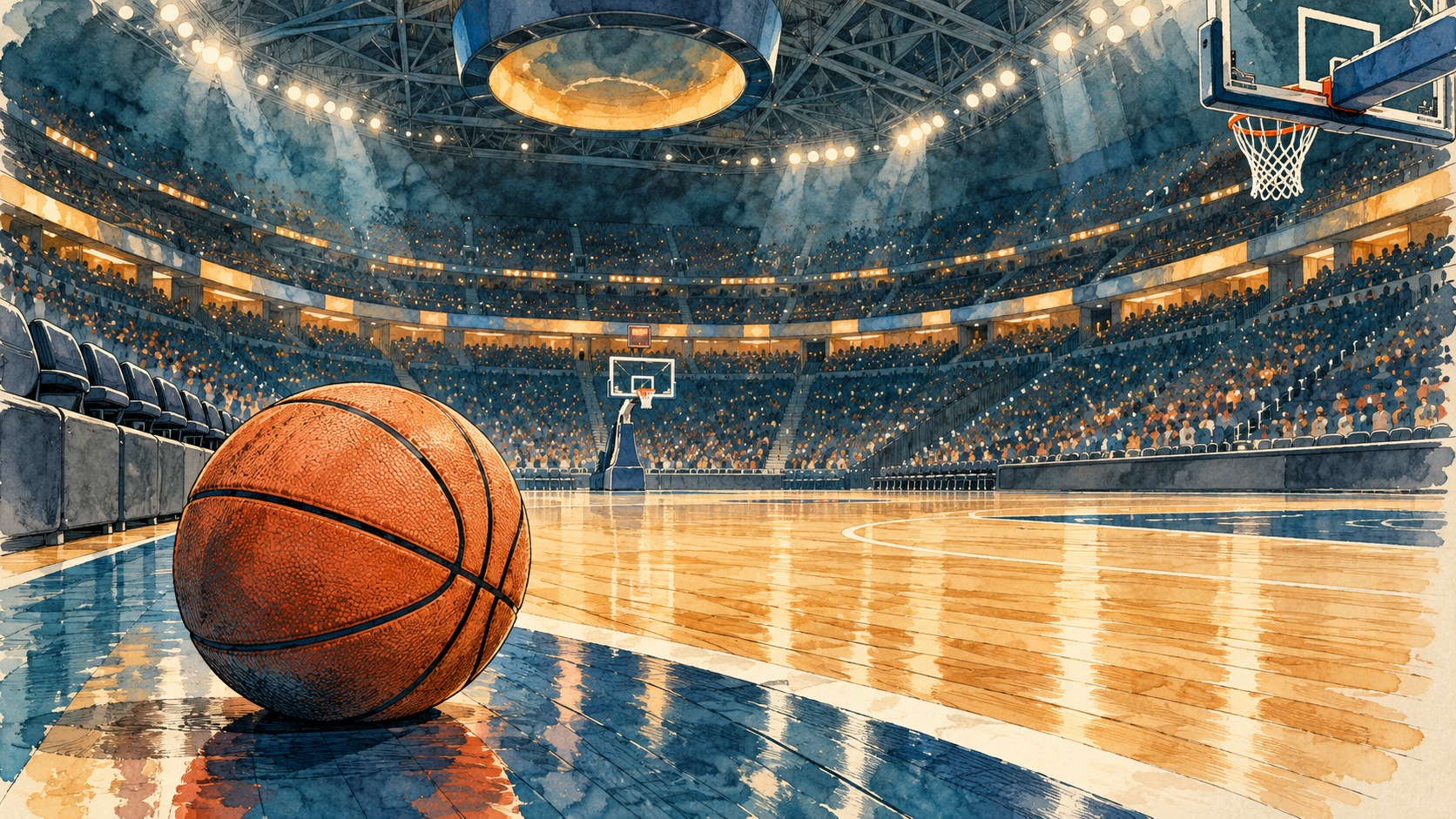 Illustration d’un ballon sur le parquet d’une salle de basket