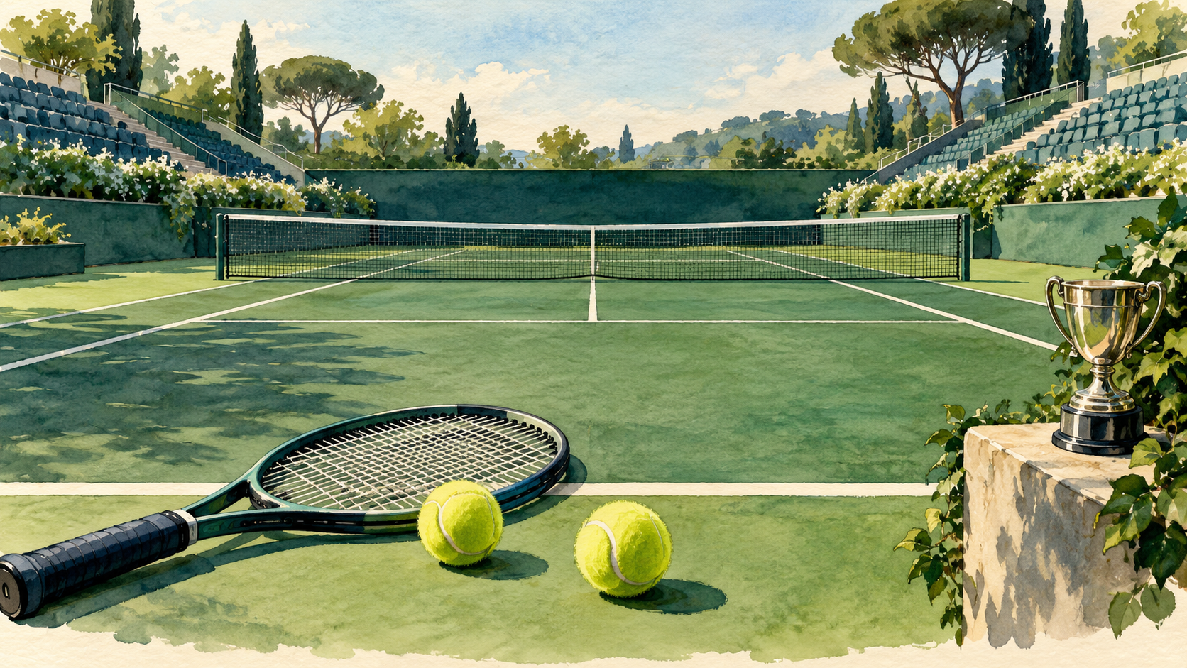 Illustration d’un terrain de tennis, d’une raquette et d’un trophée pour un classement de primes de compétition.