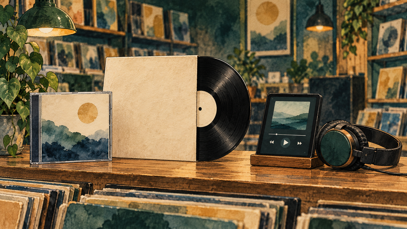 Illustration de disques vinyle, CD et écoute numérique sur la table d’un disquaire